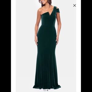 Betsy & Adam One-Shoulder Velvet Mermaid Gown
